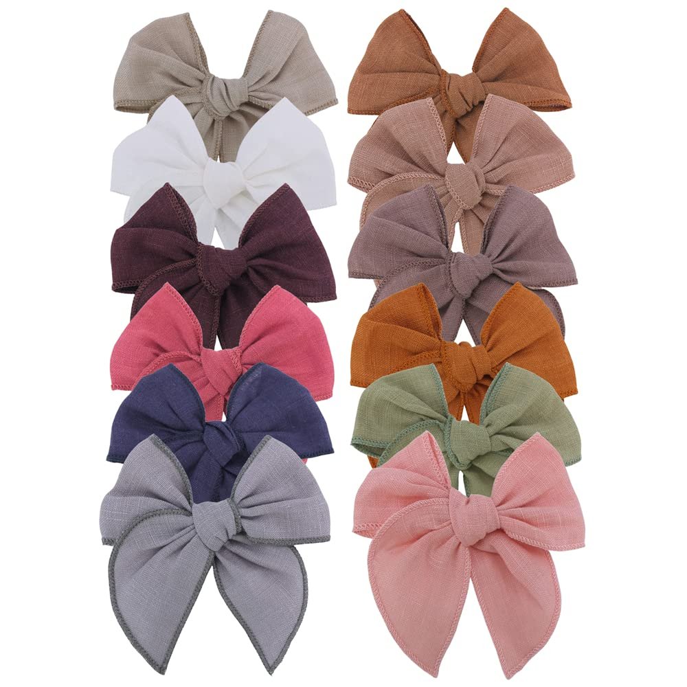 12 PCS Linen Bow Hair Clips for Baby Girls Hair Bows Alligator Clips Accessories Infants Toddler Kids Hairgrips (Linen Fable Bow 4'')