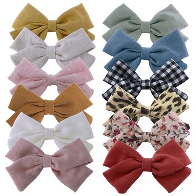 12 PCS Linen Bow Hair Clips for Baby Girls Hair Bows Alligator Clips Accessories Infants Toddler Kids Hairgrips (Classical Bow 3.5'')
