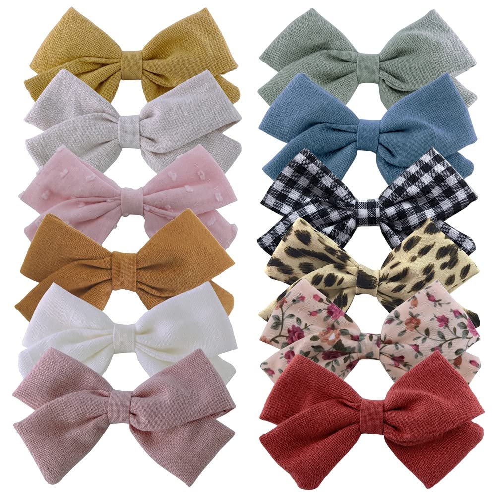 12 PCS Linen Bow Hair Clips for Baby Girls Hair Bows Alligator Clips Accessories Infants Toddler Kids Hairgrips (Classical Bow 3.5'')