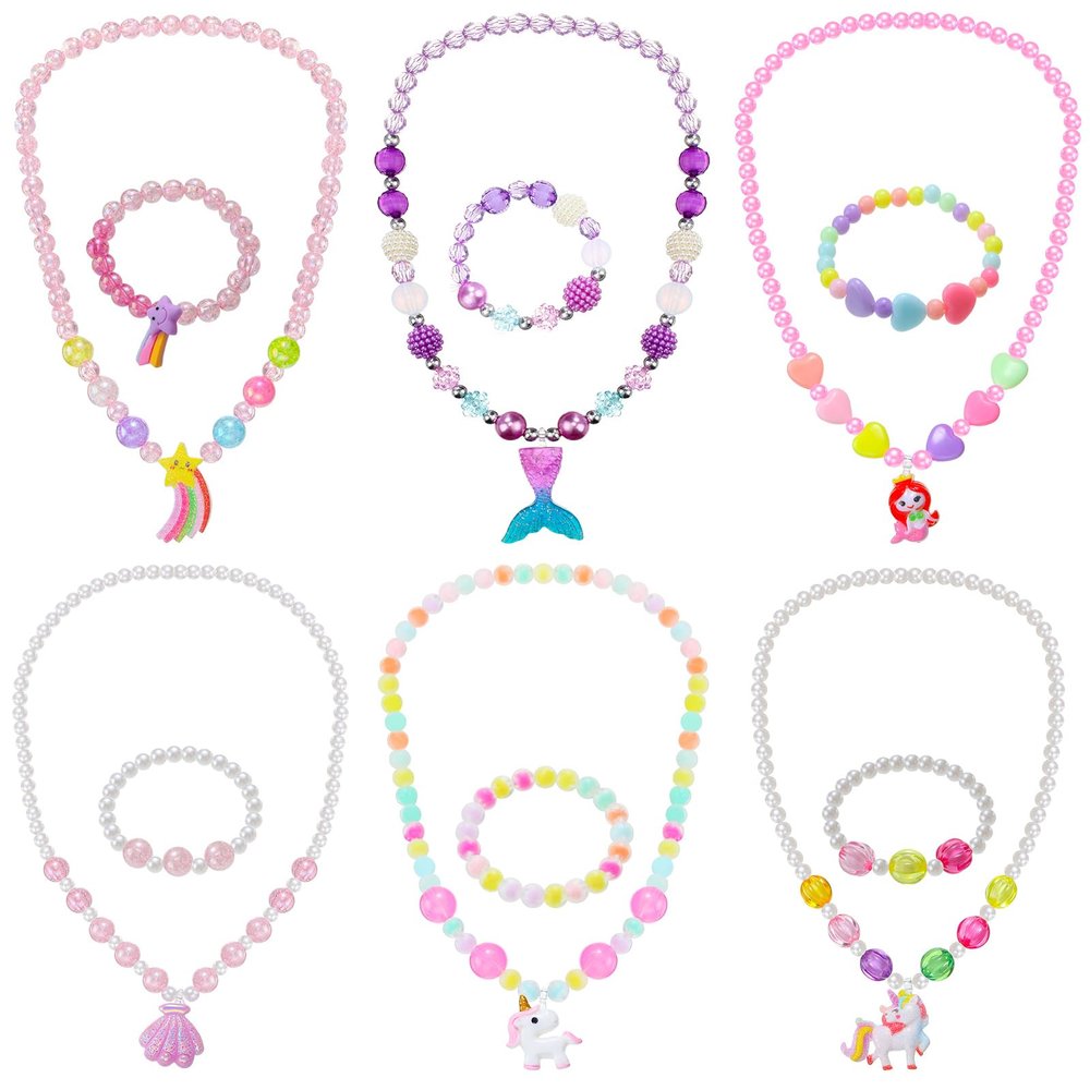 Sumind 6 Sets Toddler Jewelry for Little Girls Baby Beaded Necklace and Bracelet Costume Dress up Jewelry Gifts Princess Party Favors(Magic Style)