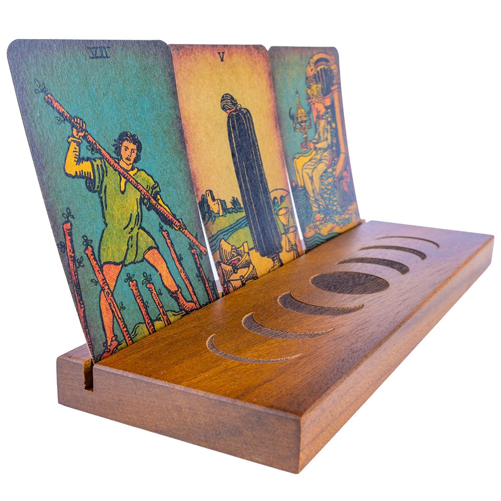 Curawood Tarot Card Holder Stand - Display Your Daily Draw - Witchy Gifts for Women, Tarot Accessories, Wiccan Altar Supplies, Witchcraft Decor, Divination Tools - 3-Card Stand with Engraved Moon