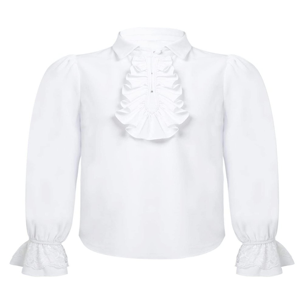 Agoky Kids Boys Girls Long Sleeve Button-Down Shirt Top Renaissance Medieval Ruffle Lace Shirt Top Steampunk Vintage Costume White 12 Years