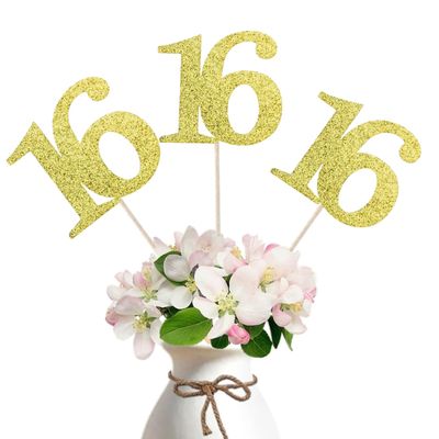 10-Pack Double Sided Glitter 16th Birthday Centerpiece Anniversary Centerpiece Sticks, Number 16 Table Topper Cake Topper for 16th Birthday Anniversary Table Party Decorations (Double Sided gold)