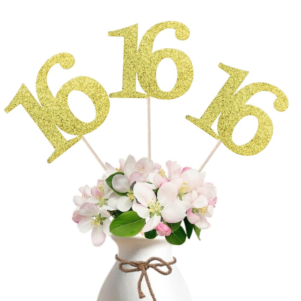 10-Pack Double Sided Glitter 16th Birthday Centerpiece Anniversary Centerpiece Sticks, Number 16 Table Topper Cake Topper for 16th Birthday Anniversary Table Party Decorations (Double Sided gold)