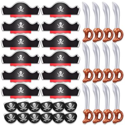 Legigo 36 Pcs Funny Pirate Party Set- Include 12 Pirate Hats, 12 Eye Patches, 12 Inflatable Swords for Pirate Party Cosplay Caribbean Dress Accessories