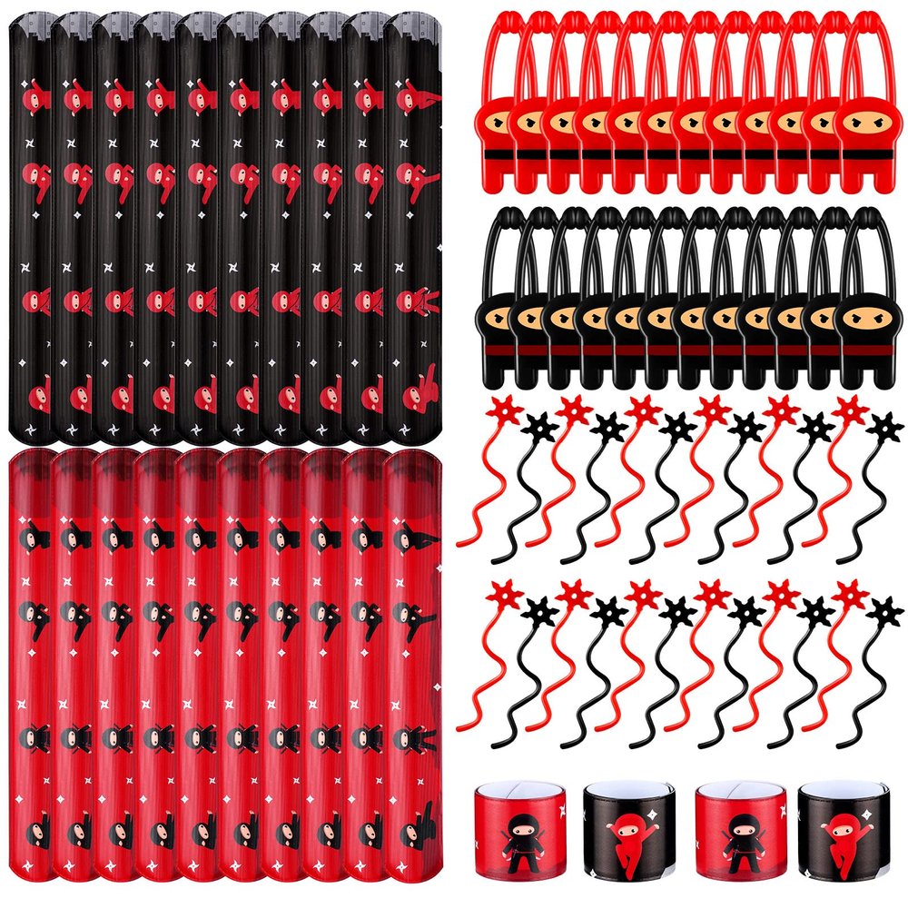 Jiuguva 72 Pcs Ninja Party Favors Karate Birthday Party Supplies Include 24 Warrior Slap Bracelets 24 Stretchy Flying Ninjas and 24 Stars Slingshots for Samurai Decorations