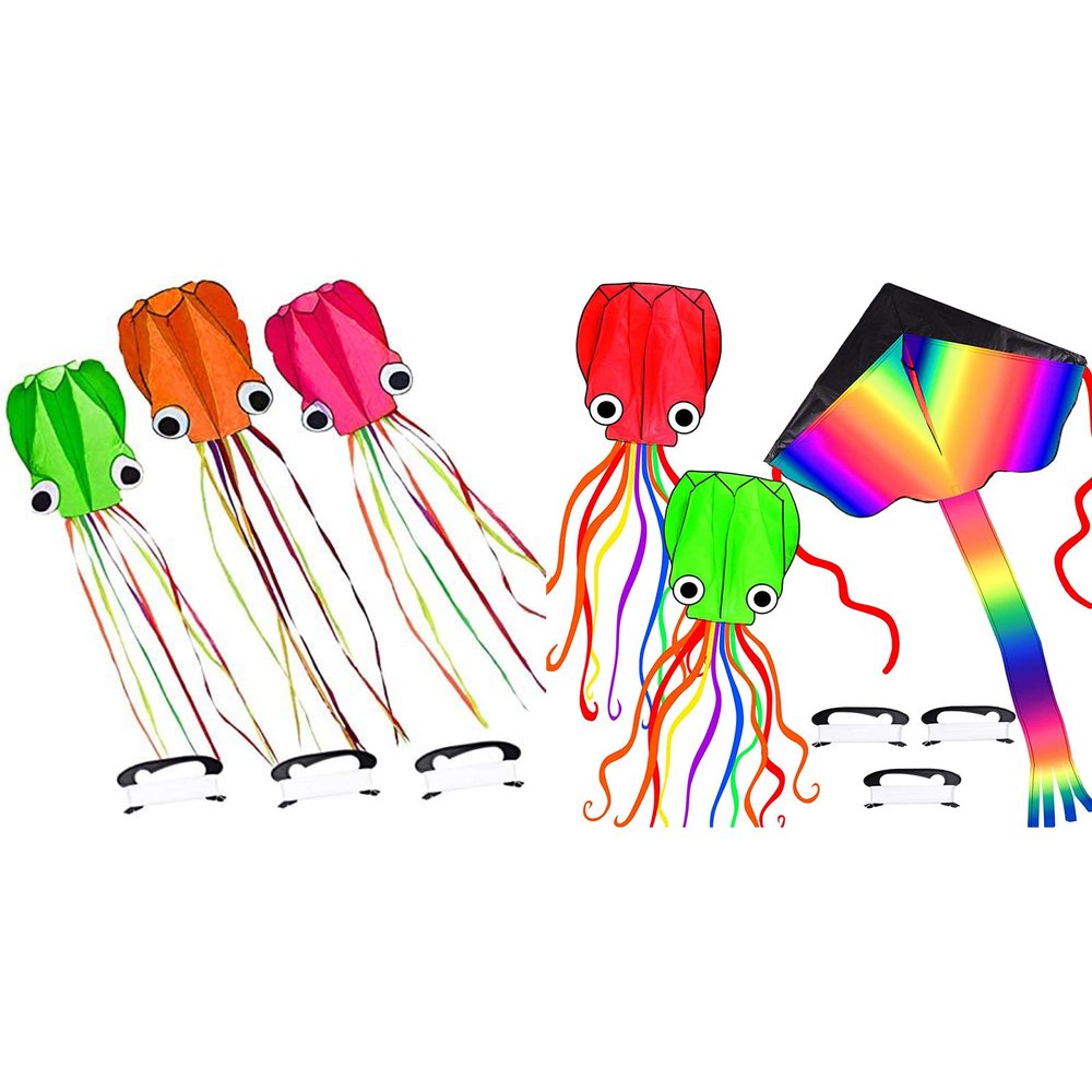 6 Pack Octopus Kite, 3D Kite Long Tail Easy Flyer Kite Beach Kites People Adults Gift Kites for Kids Easy to Fly, Kite Kit with Kite String 100M, Kiteboarding Kite for Adults