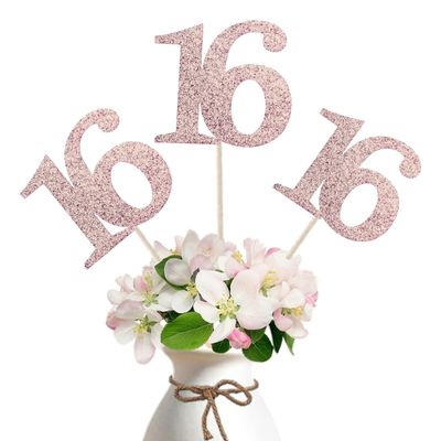 10-Pack Double Sided Glitter 16th Birthday Centerpiece Anniversary Centerpiece Sticks, Number 16 Table Topper Cake Topper for 16th Birthday Anniversary Table Party Decorations (Double Sided rose gold)