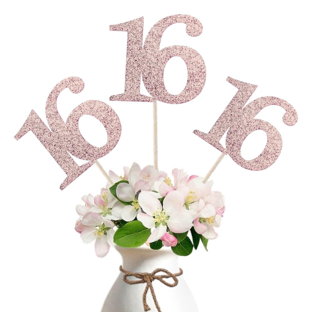 10-Pack Double Sided Glitter 16th Birthday Centerpiece Anniversary Centerpiece Sticks, Number 16 Table Topper Cake Topper for 16th Birthday Anniversary Table Party Decorations (Double Sided rose gold)