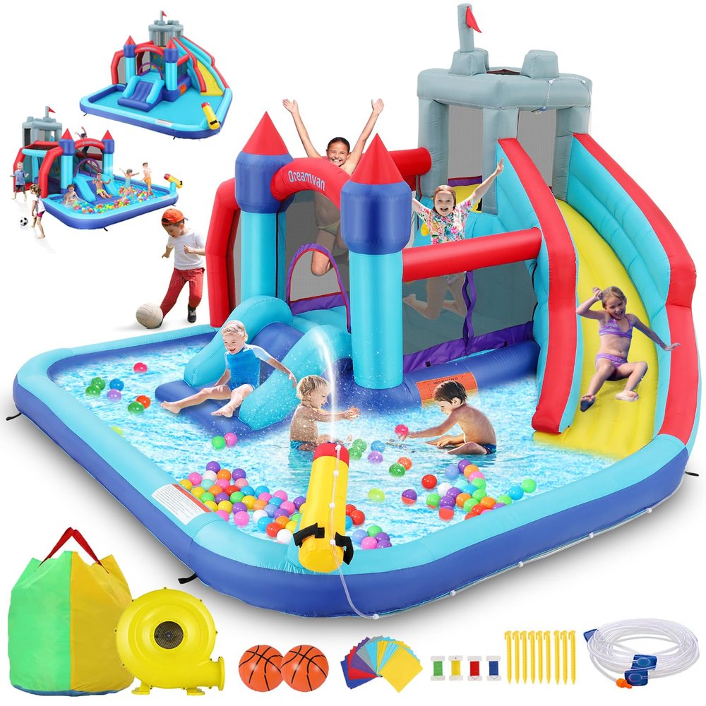 Inflatable Water Slide Park for Kids 3-12, Giant Bounce House Water Slide Combo w/Double Slides,Bouncing Area,Climbing Wall,Splashing Pool, Blower, Blow Up Water Slides for Kids Backyard Summer