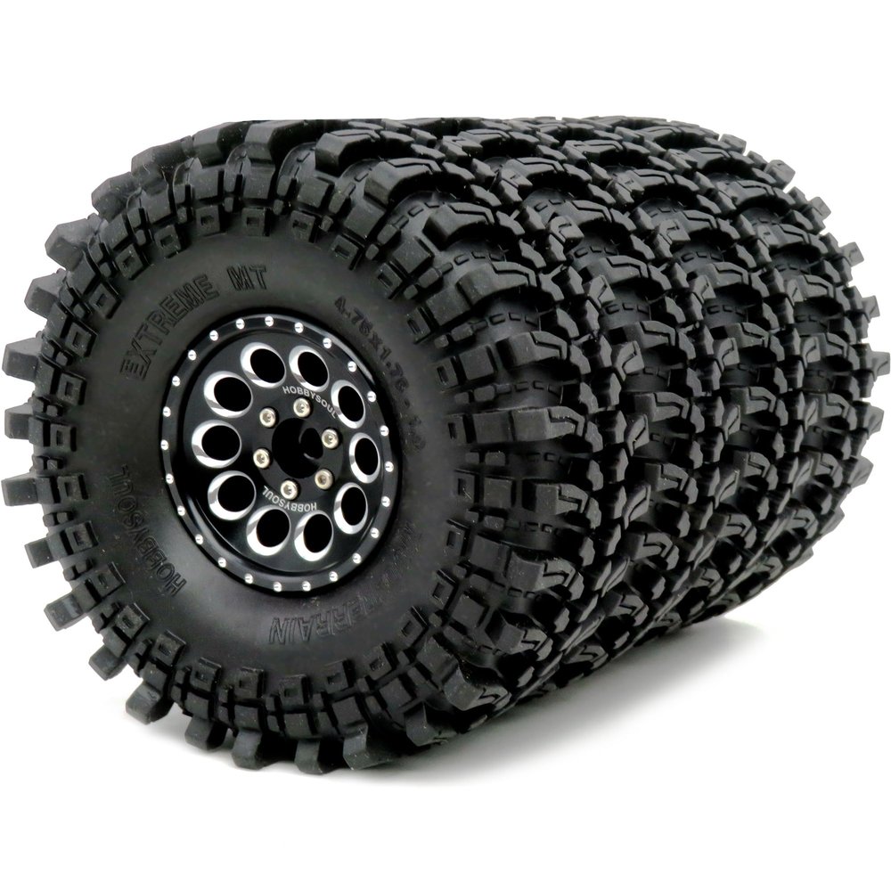 HOBBYSOUL 1.9 Tires Height 4.75" (121mm) Mounted on 1.9 Beadlock Wheels Black Fit 1/10 Crawler Redcat Gen8 Traxxas TRX-4 Tamiay CC01 Axial SCX10 Mud Crawler Badland Terrain, (4-Pack, Assembled)