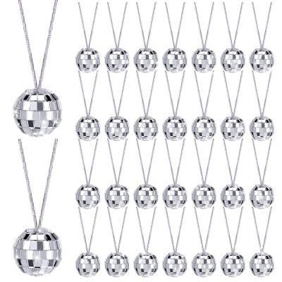 Sureio 60 Pcs Disco Ball Necklaces Bulk Mirror 70s Disco Party Necklaces 1.18 Inch Mini Silver 70s Jewelry Party Decorations for Halloween Festivals Stage Costume Accessories