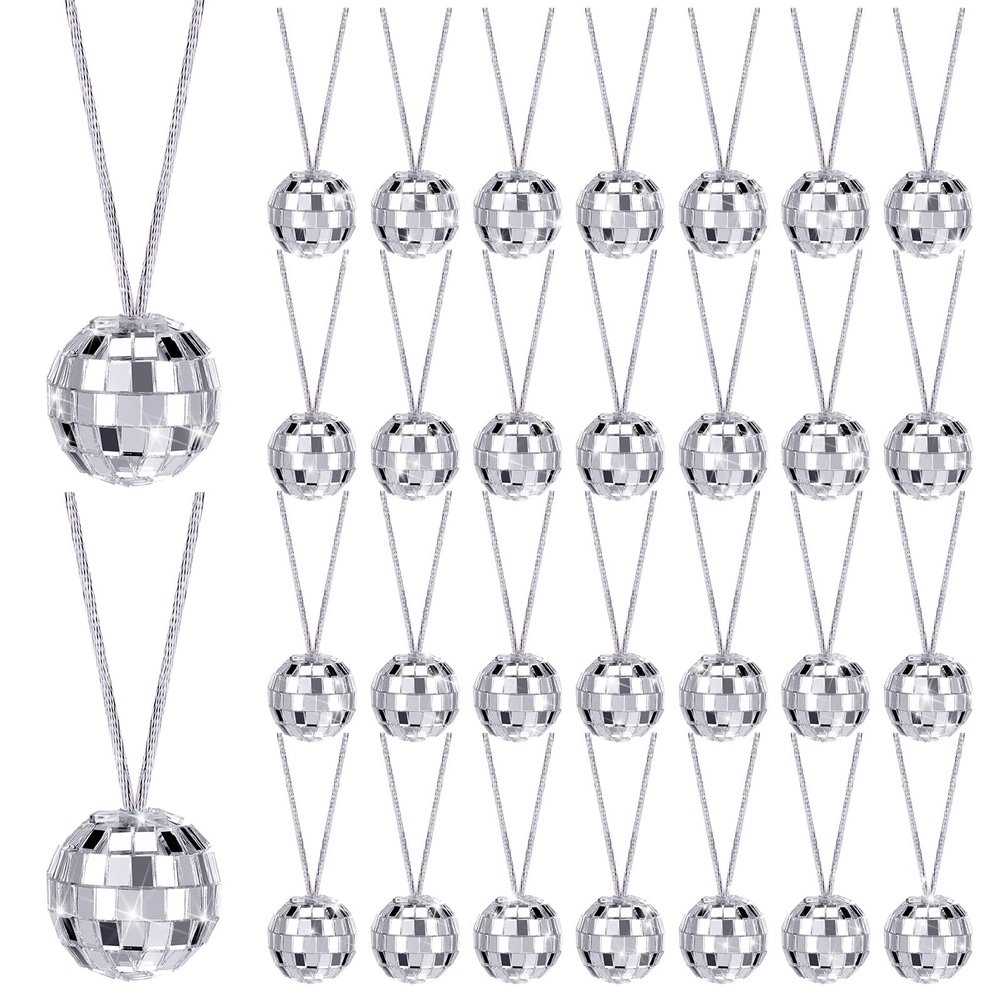 Sureio 60 Pcs Disco Ball Necklaces Bulk Mirror 70s Disco Party Necklaces 1.18 Inch Mini Silver 70s Jewelry Party Decorations for Halloween Festivals Stage Costume Accessories