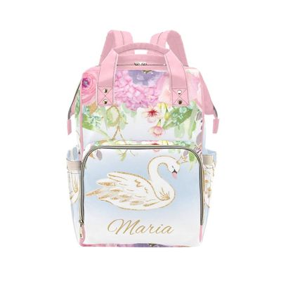NZOOHY Floral Swan Princess Personalized Name Diaper Bag Tote, Custom Waterproof Nursing Baby Bag Mummy Backpack for Mom Travel Outdoor