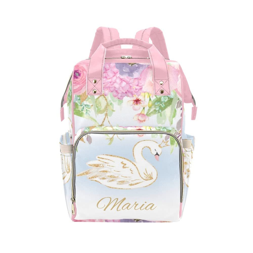 NZOOHY Floral Swan Princess Personalized Name Diaper Bag Tote, Custom Waterproof Nursing Baby Bag Mummy Backpack for Mom Travel Outdoor