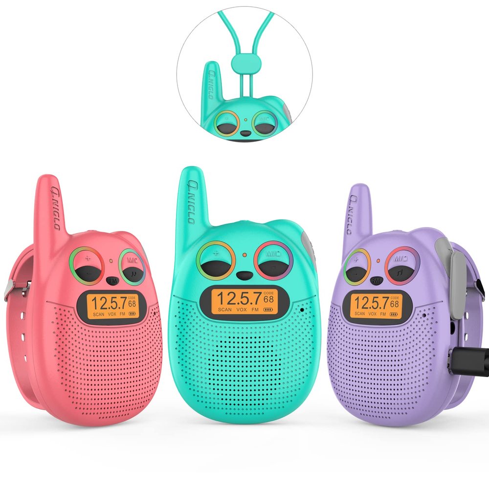 Qniglo Walkie Talkies for Kids Rechargeable, 2 Way Radios Walkie Talkie Watch 3 Miles Long Range, Perfect Outdoor Camping Toys with Lanyard for 3+ Years Old Boys Girls for Hiking Adventures, 3 Pack