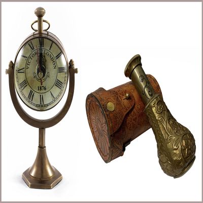 Marine Nautical Tabletop Clock Antique Brass Finish, Dollond London Small Spyglass Telescope Vintage in Leather Case