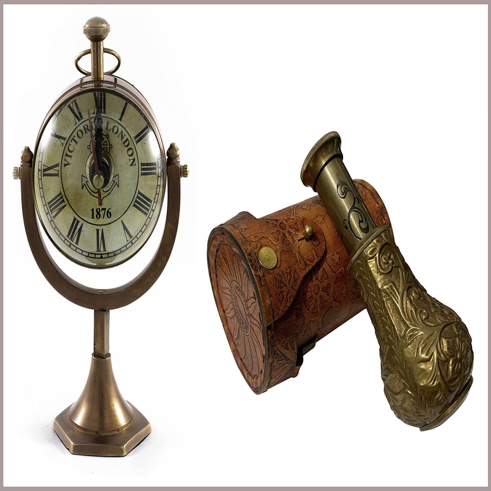 Marine Nautical Tabletop Clock Antique Brass Finish, Dollond London Small Spyglass Telescope Vintage in Leather Case