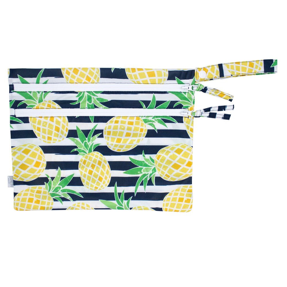 BapronBaby Summer Stripes Pineapple Wet Dry Bag - Waterproof Two Zipper Pockets - Reusable for Mealtime, Diapers, Stroller, Snacks, Swimsuits - Machine Washable - 11" x 9"
