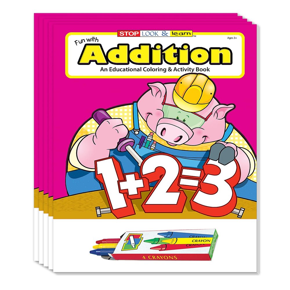 ZOCO Addition Coloring Books for Kids (50 Bulk Pack, With Crayons)  Preschool & Kindergarten Math Activity Books  Educational Games, Puzzles & Number Practice  Made in USA