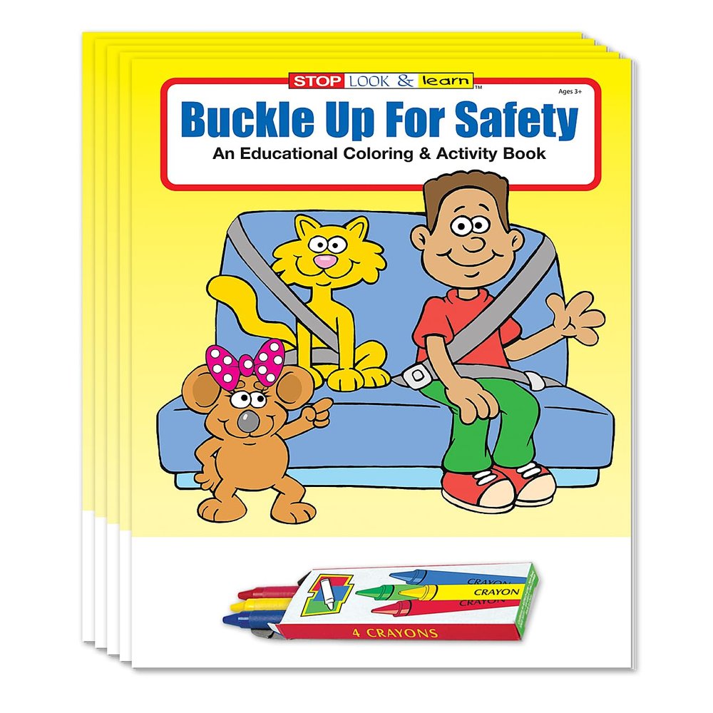 ZOCO Buckle Up, Seat Belt Safety Coloring & Activity Books (50 Bulk Pack, With Crayons) Police Car Safety Theme for Kids, Ages 3+