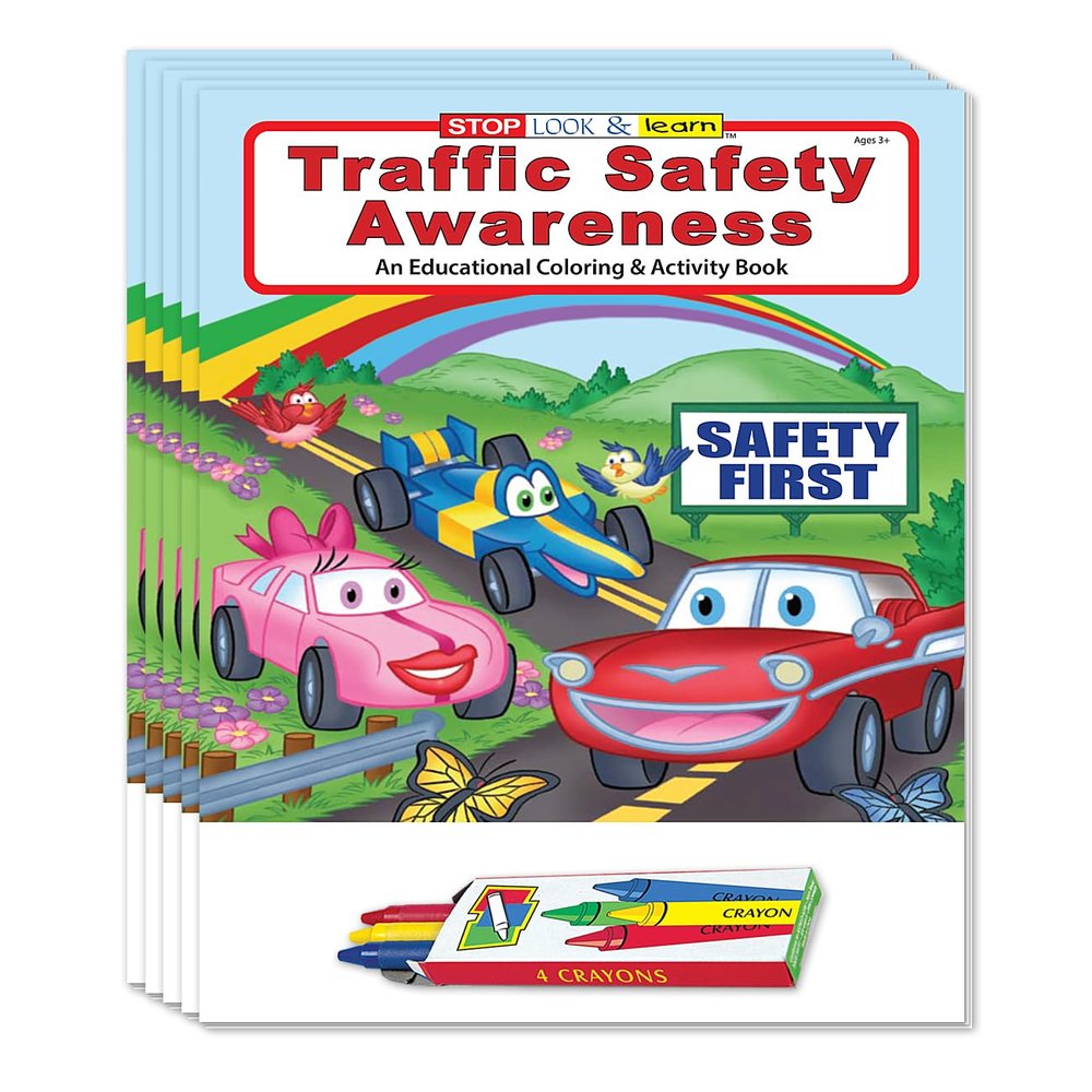 ZOCO  Traffic Safety Coloring Books for Kids (50 Bulk Pack, With Crayons)  Road Safety Rules, Games, Puzzles, Activities  Educational Police Handouts