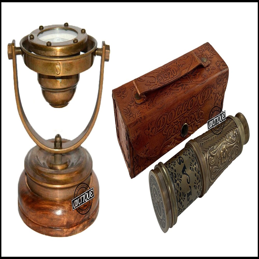 Sailor Boat Antique Brass Binnacle Floating Dial Compass & Victorian Spyglass Telescope in Leather Case