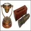 Sailor Boat Antique Brass Binnacle Floating Dial Compass & Victorian Spyglass Telescope in Leather Case view 1