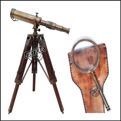 Antique Brass Maritime Telescope with Tripod Stand & Vintage Handheld Magnifying Glass in Leather Case