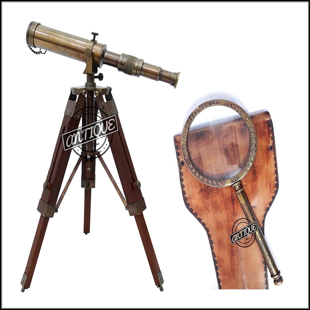 Antique Brass Maritime Telescope with Tripod Stand & Vintage Handheld Magnifying Glass in Leather Case
