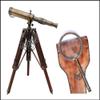Antique Brass Maritime Telescope with Tripod Stand & Vintage Handheld Magnifying Glass in Leather Case view 1