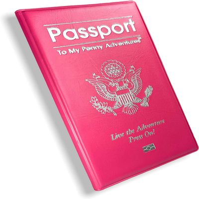 Pennybandz Penny Passport to My Penny Adventures - Souvenir Pressed Penny Passport Holds 48 Coins - Vegan Leather - Every Book Ordered Comes with a Mystery Pressed Penny as a Gift (Pink Bubble Gum)