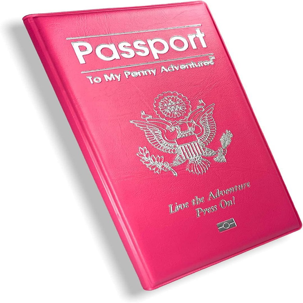 Pennybandz Penny Passport to My Penny Adventures - Souvenir Pressed Penny Passport Holds 48 Coins - Vegan Leather - Every Book Ordered Comes with a Mystery Pressed Penny as a Gift (Pink Bubble Gum)