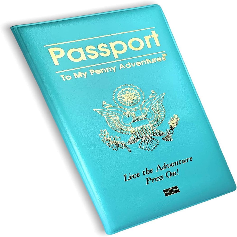 Pennybandz Penny Passport to My Penny Adventures - Pressed Penny Souvenir Collecting Book - Holds 48 Coins - Vegan Leather - Every Book Ordered Comes with a Mystery Penny as a Gift (Ocean Turquoise)