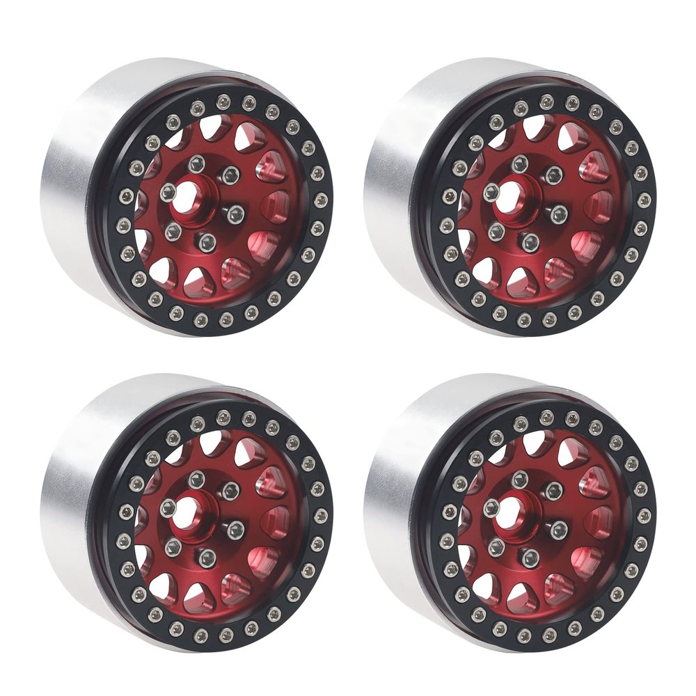 4PCS ShareGoo Metal 1.9 inch Beadlock Wheel Rims Set Wheel Hubs 12mm Hex Compatible with Traxxas TRX4 Axial SCX10 SCX10-II 90046 SCX10-III AXI03007 D90 Gen8 1/10 RC Crawler (Black & Red)