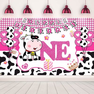 1st Birthday Party Decorations Pink Cow Theme Happy Birthday Backdrop Photo Background for Girls First Birthday Decorations Baby Shower Party Supplies
