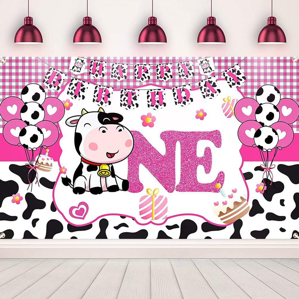1st Birthday Party Decorations Pink Cow Theme Happy Birthday Backdrop Photo Background for Girls First Birthday Decorations Baby Shower Party Supplies