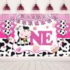 1st Birthday Party Decorations Pink Cow Theme Happy Birthday Backdrop Photo Background for Girls First Birthday Decorations Baby Shower Party Supplies view 1