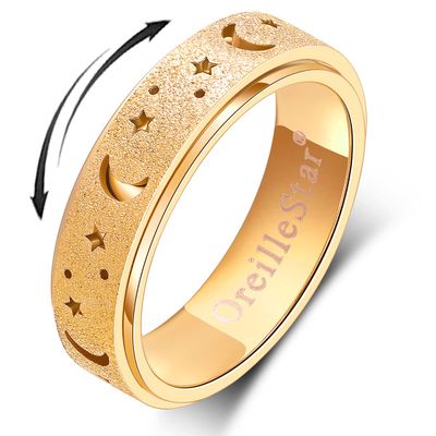OreilleStar Anxiety Ring Spinner Fidget Thumb Ring Gold Stainless Steel Band Moon Star Fidget Toys Adults