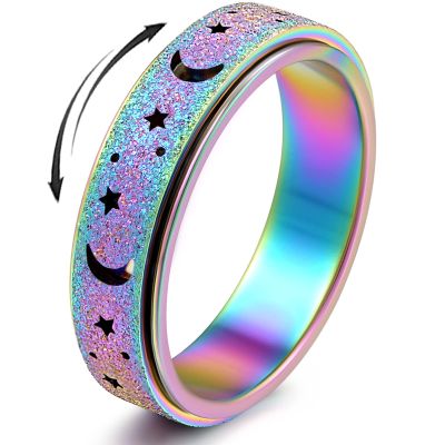 Anxiety Ring for Women Spinner Ring Fidget Ring Fidget Toys Adults Spinner Rings for Anxiety Fidget Rings for Women Fidget Ring Moon Star Rainbow 8
