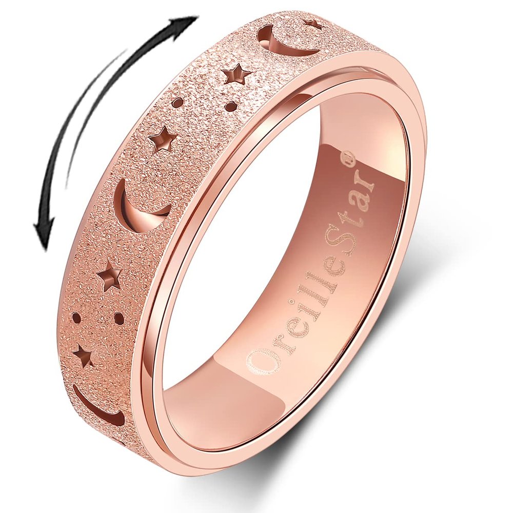 OreilleStar Anxiety Ring for Women Spinner Ring Fidget Toys Adults Stailess Steel Fidit for Men Moon Star Band Rose Gold Size 10