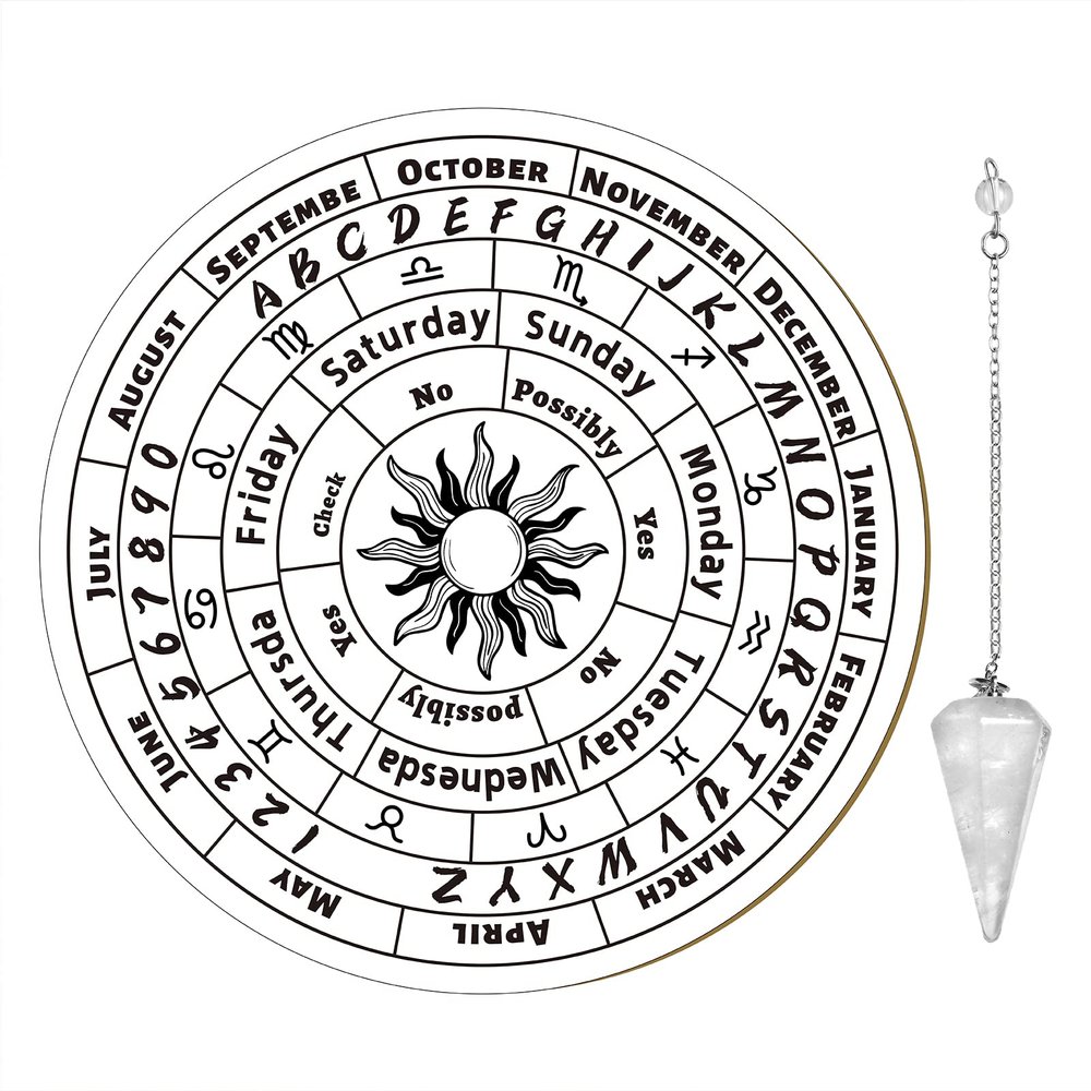 CREATCABIN Pendulum Board with Crystal Necklace Sun Wooden Carven Metaphysical Message Board Dowsing Divination Mat Witchcraft Altar Supplies Kit for Wiccan Beginner Spirit Decoration 7.9inch