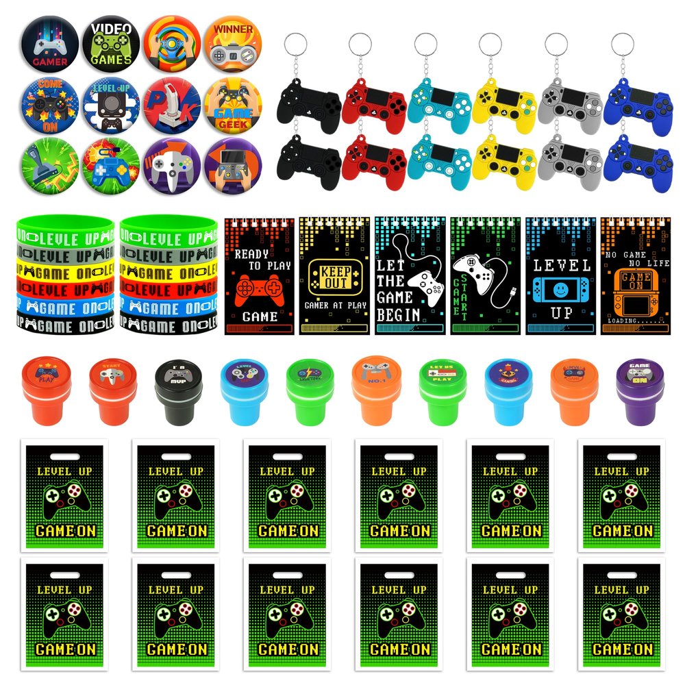 BANBALLON 66 PCS Video Game Party Favors Video Game Theme Notepads Wristbands Stampers Keychains For Level Up Party Gamer Birthday Party Classroom Rewards Supplies