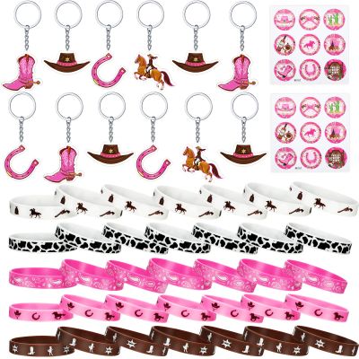 HyDren 48 Pcs Cowgirl Birthday Party Favors Including Cowgirl Bracelets Horse Wristbands Acrylic Keychains and Round Stickers Western Party Favors Cowboy Themed Gifts