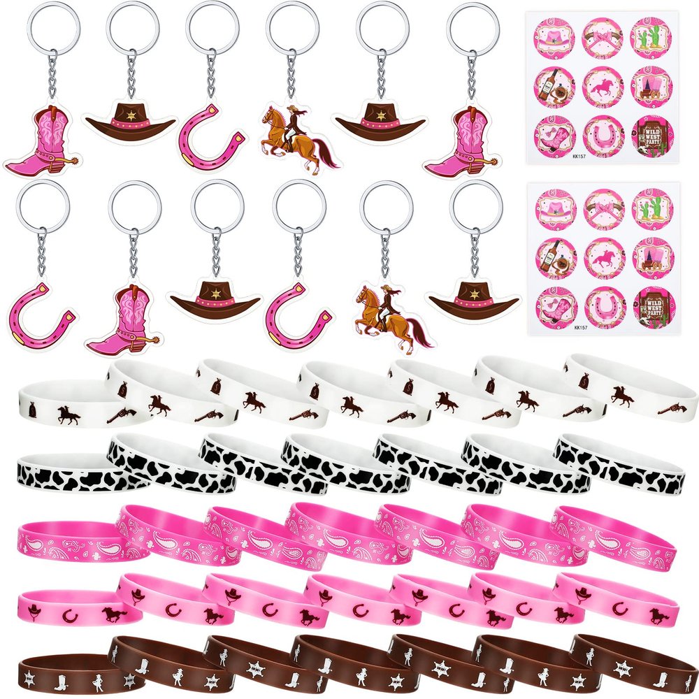 HyDren 48 Pcs Cowgirl Birthday Party Favors Including Cowgirl Bracelets Horse Wristbands Acrylic Keychains and Round Stickers Western Party Favors Cowboy Themed Gifts