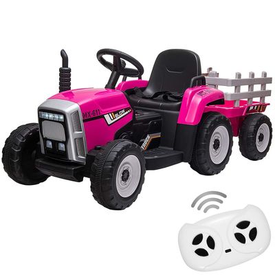 12V Kids Battery Powered Electric Tractor with Trailer, Toddler Ride On Car with Remote Control/ 7-LED Headlights/ 2+1 Gear Shift/Music Player/USB Port for Kids 3-6 Years,Rosered,35W/ EVA Tire