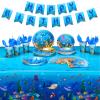 171 Pcs Under the Sea Party Supplies Ocean Sea Party Tableware Set Underwater Birthday Paper Plates Napkins Cups Cutlery Banner Tablecloth for Mermaid Beach Birthday Party Supplies 24 Guests view 1