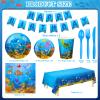 171 Pcs Under the Sea Party Supplies Ocean Sea Party Tableware Set Underwater Birthday Paper Plates Napkins Cups Cutlery Banner Tablecloth for Mermaid Beach Birthday Party Supplies 24 Guests view 2