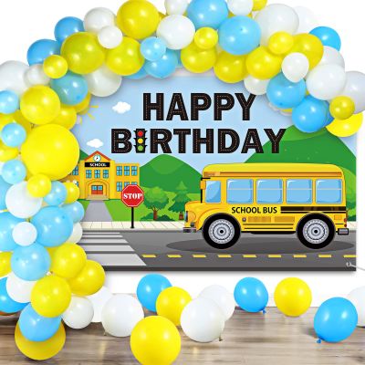 Charnoel School Bus Birthday Party Decorations Theme Happy Backdrop Banner 92 Pieces Blue Yellow White Balloon Kit for Kids Boys Girls Back to Supplies