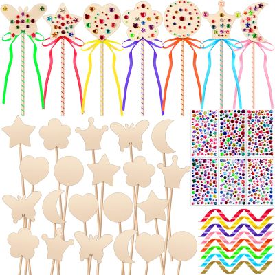 Chumia 42 Pcs Princess Fairy Wands Kit Include 28 Wooden Princess Wand, 6 Gem Stickers, 8 Ribbons, Birthday Party Supplies, Unfinished DIY Moon Butterfly Make Your Own Wand